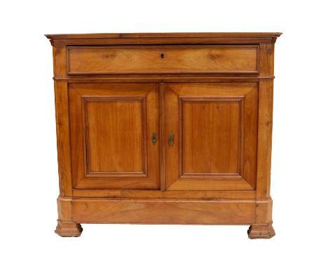 French fruitwood cupboard, rectangular top with canted corners, frieze drawer above two doorsm bracket feet, width 116cm, dep