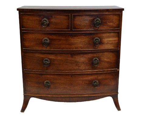 Victorian mahogany bowfront chest of drawers, two short and three long graduating drawers, splayed bracket feet, split carcas