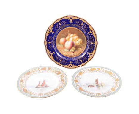 Coalport porcelain cabinet plate, painted with fruit against a mossy bank, signed F H Chivers, royal blue and tooled gilt bor