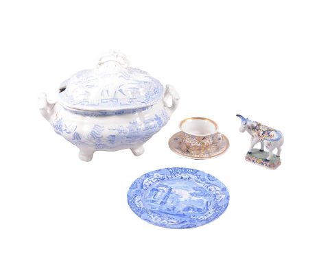 Spode blue and white plate; Willow pattern tureen; blue and white ashlet; five graduating pearlware meat plates; Victorian in