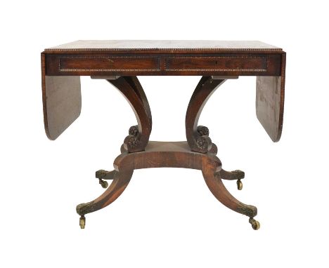 William IV rosewood pedestal sofa table, two D shaped leaves, two frieze drawers, scroleld supports, sabre legs with brass ca