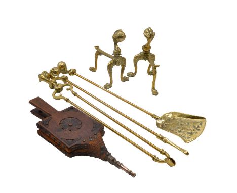 Cast iron fire grate, brass andirons and irons, oak bellows.