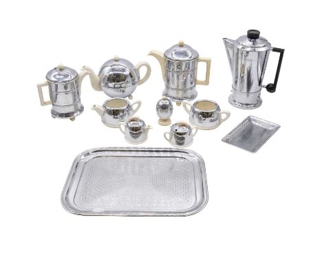 A 1930s Everhot chromed and ceramic tea and coffee set, comprising teapot (16.5cm), coffee pot (18.5cm), hot water pot, milk 