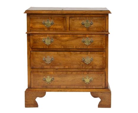 Miniature walnut chest of drawers, two short and three long graduating drawers, bracket feet, width 50cm, depth 32m, height 5
