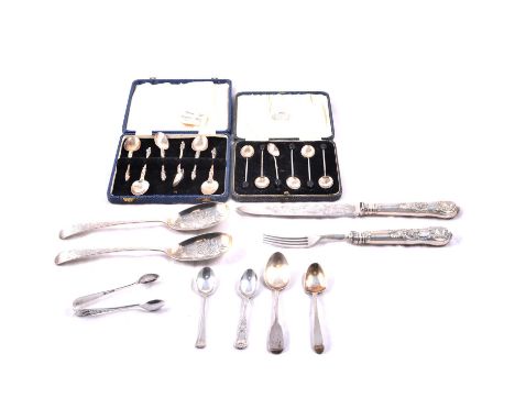 Quantity of silver and silver plated cutlery, including a silver handled knife and fork, pair of silver serving spoond, silve
