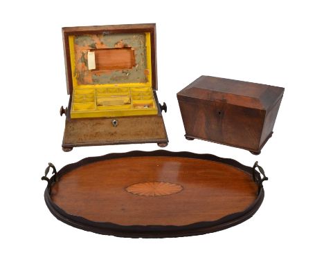 Edwardian mahogany tray, gallery sides, width 55cm; a mahogany tea caddy; and a work box, all as found.