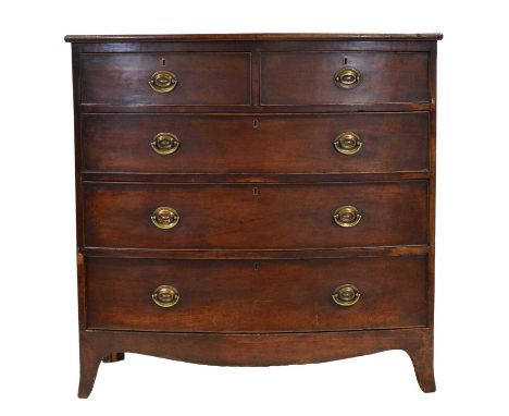Victorian mahogany bowfront chest of drawers, two short and three long graduating drawers, splayed bracket feet, width 106cm,