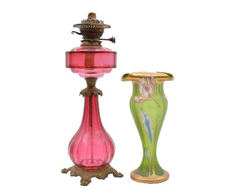 Victorian ruby glass and gilt metal oil lamp, polygonal section pear-shape column, with chimney, 73cm overall; and a tall gre