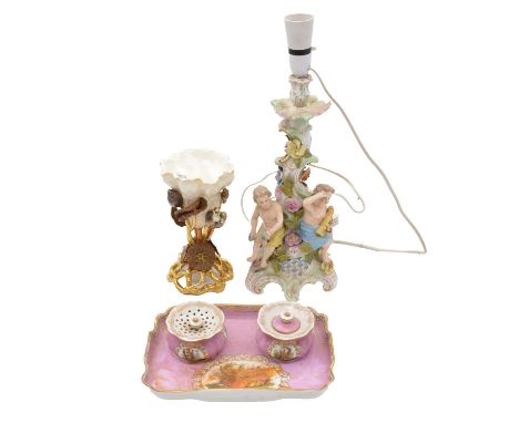 German porcelain Rose Pompadore encrier, rectangular 'tray' base, with inkwell and pounce pot, width 27cm; a German candelabr