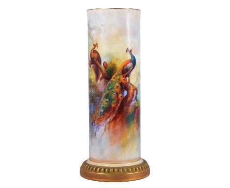 Royal Worcester spill vase, 1912, painted with a peacock and hen, on a branch, by Frederick Bray, shape number 2147, 25.5cm.C