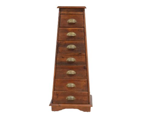 Stained pine tapering pedestal of drawers, seven drawers, bracket feet, height 110cm.Condition report:Scratches to top. No ev