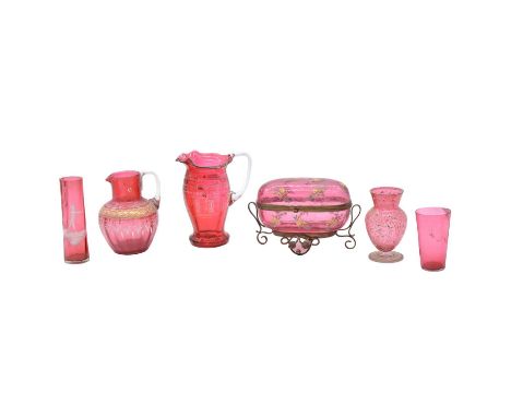 Victorian ruby glass and brass mounted oval biscuit box, enamelled floral decoration, width 20cm; and a collection of cranber