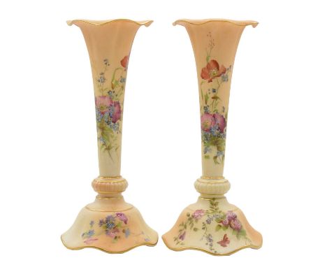 Pair of Royal Worcester blush ground trumpet-shape vases, 1915, floral decoration, shape number G/993, 29cm.Condition report: