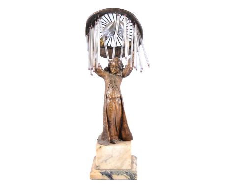 Art Deco bronze table lamp, young girl holding a basket framed shade, alabaster plinth, height overall 57cm.