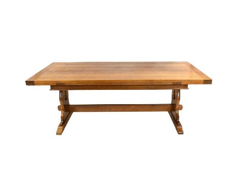 Craftsman made light oak kitchen table, rectangular top with two drawer leaves, maximum 305x96cm, height 76cm, and ten ladder