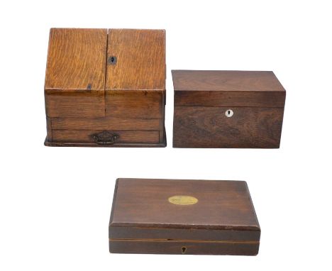 Five Victorian boxes, including an oak correspondence box; a sewing box; a tea caddy; writing box and a cutlery box.Qty: 5