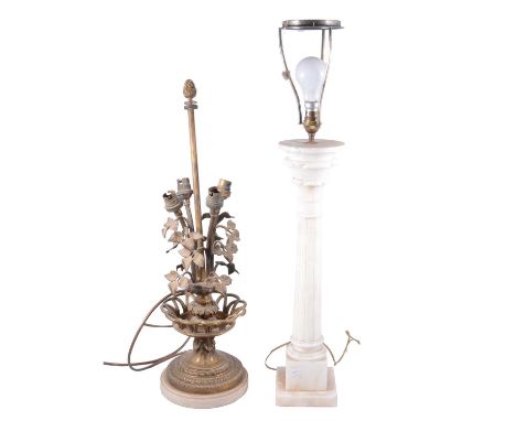Cast brass table lamp, four sprig fitments, over a basket, alabaster plinth, 62cm; and an alabaster column table lamp, 51cm e