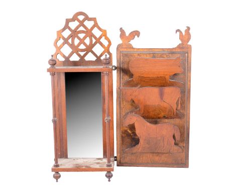 Victorian walnut wall bracket, bevelled mirror back, fretted surmount, 49cm; and a fretted plywood nursery letter rack.Qty: 2