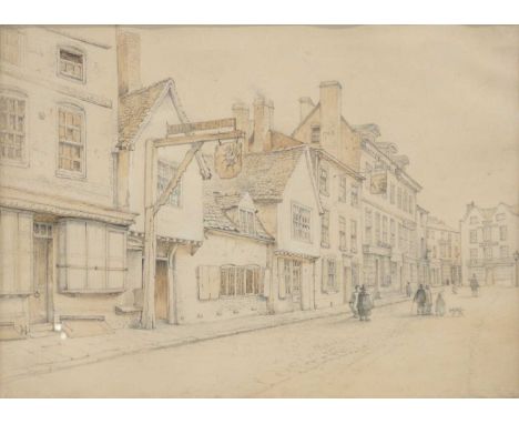 John Flower,View of the Old Green Dragon Inn, Leicester Market Place, taken down 1850,signed, pencil drawing with brown wash,