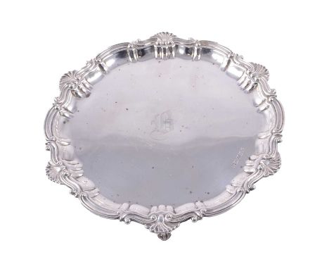 Silver salver, Joseph Rogers, Sheffield 1904, cast shell and scroll rim, three ball and claw feet, 27cm, 15ozt.