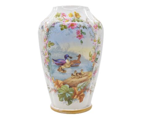 French porcelain vase shape lamp base, Jacob Petit, Paris, reserve painted with ducks and ducklings, 38cm.Condition report:Th