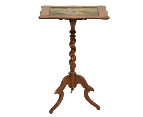 Victorian rosewood and painted table, rectangular tilt top with serpentine edge, painted with figures in a landscape, barley 