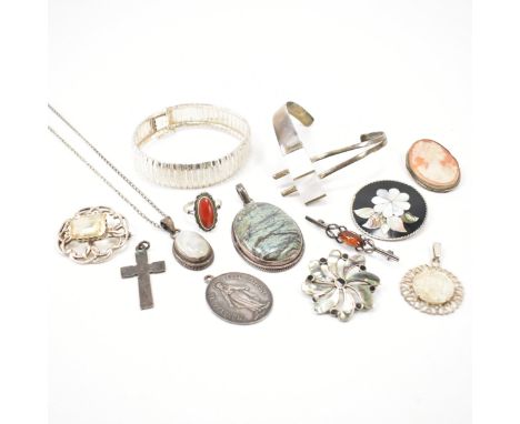 A collection of silver jewellery. The lot to include a moonstone pendant necklace (marked 925), textured panel bracelet (mark