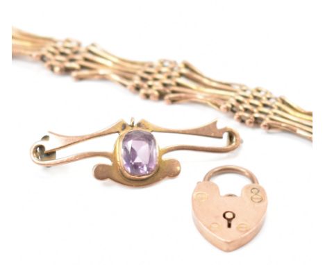 Two pieces of AF 9ct gold jewellery to include a broken fan link bracelet and a broken 9ct gold and amethyst brooch. Total we