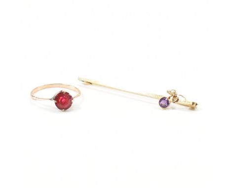 A vintage 9ct gold bar brooch and ring. The lot to include a bar brooch set with a purple stone with seed pearls (marked 9ct)