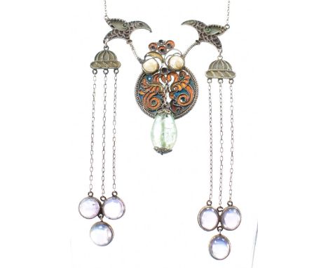 A Russian 84 silver plique a jour cloisonne negligee necklace circa 1908 - 1916. The necklace strung with  an ornate plique a