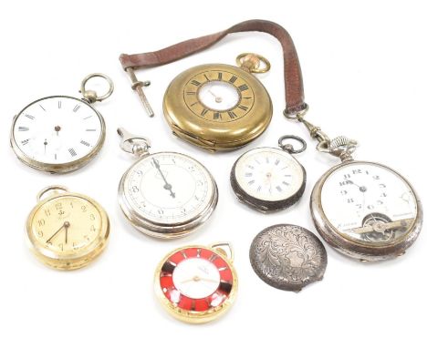 A collection of vintage and antique pocket watches. The lot to include two silver pocket watches, an 8 hour white metal pocke