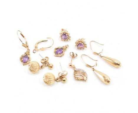 A group of vintage gold and yellow metal jewellery. The lot to include a pair of faceted drop earrings (tests indicate 9ct), 
