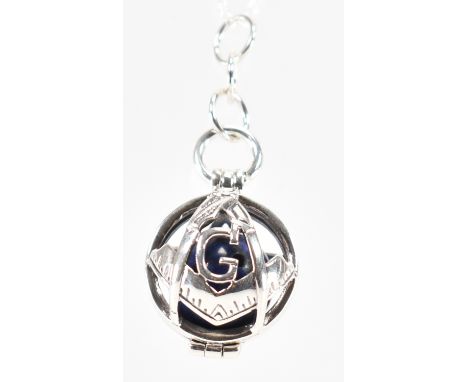 A 925 silver &amp; lapis lazuli Masonic ball locket pendant &amp; chain necklace. The locket having a ball of lapis surrounde