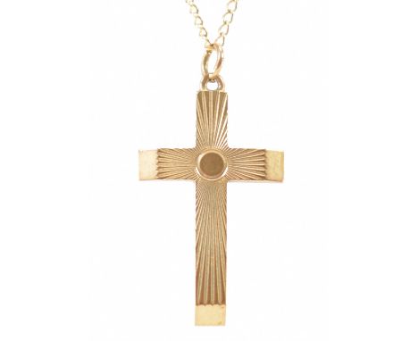 A vintage 9ct gold cross pendant necklace. The cross with sunburst engraving (hallmarked Birmingham 1966), chain marked 9ct t