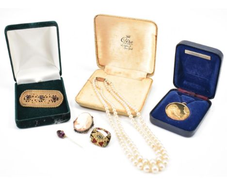 A collection of vintage jewellery. The lot to include a Ciro simulated pearl double strand with a 9ct gold clasp, a silver ha