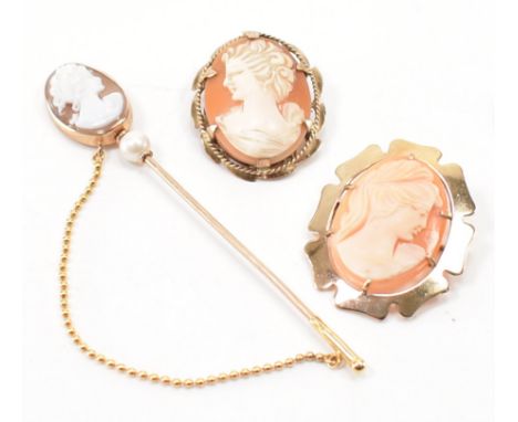 A group of 9ct gold cameo jewellery. The lot to include a carved cameo featuring a carved female figure (hallmarked Birmingha
