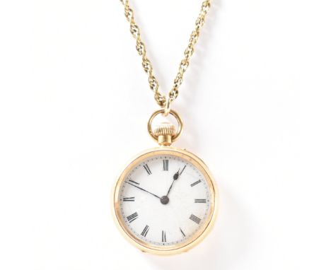 A 1920s 18ct gold open face pocket watch on a gold chain. The pocket watch having a white enamelled face with roman numerals 