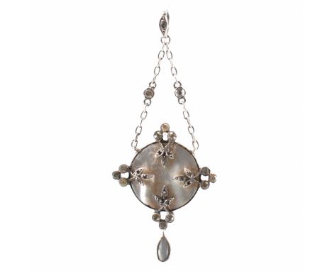 A 19th Century Victorian silver and mother of pearl pendant having a round disc to the centre with white stones in foliate se
