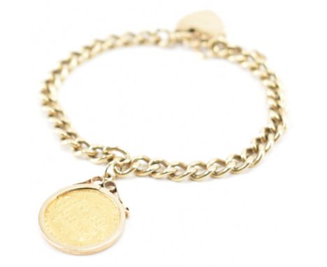 A hallmarked 9ct yellow gold half sovereign charm bracelet. The charm bracelet having curb link chain links with heart padloc