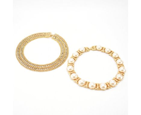 Two vintage 20th Century necklaces. The lot to include a Napier yellow metal and simulated pearl collar necklace and a three 