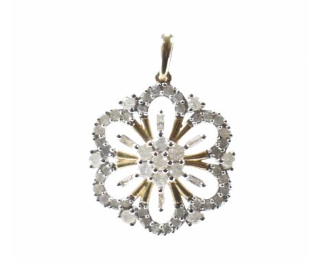 A 9ct gold and diamond necklace pendant. The pendant in the form of a flower having round brilliant cut&nbsp; and baguette cu