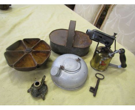 Mixed metalware including brass blow torch and candle stick etc&nbsp;