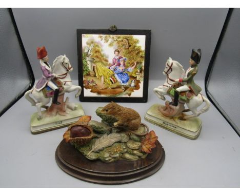 Napoleon &amp; Ney on horseback figures, Country Artist woodmouse- damage to ears and a framed tile