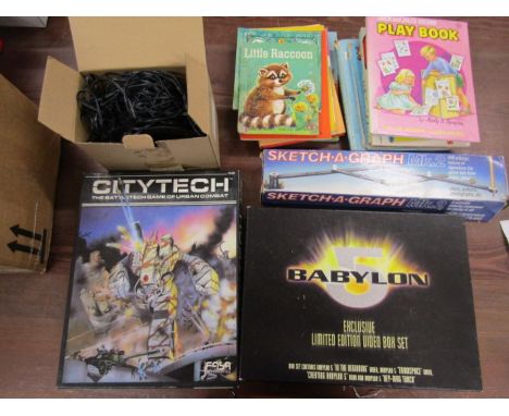 City tech game, Babylon 5 gift set, vintage books, a snow projector and a sketch-a-graph