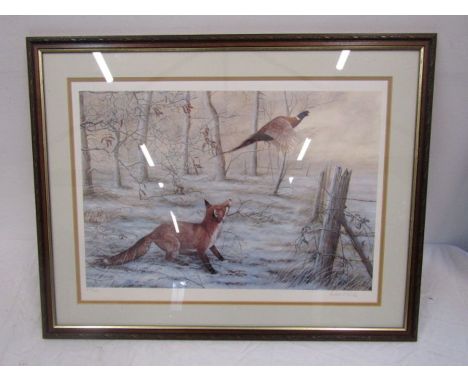 After Robert E Fuller limited edition 456/800 print of a pheasant and a fox. 60cm x 77cm pencil signed bottom right left.