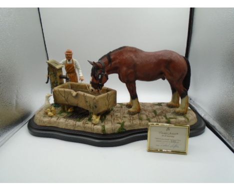 Country Artists 'Well Earned Break' by Richard Sefton, farmer/blacksmith with heavy horse drinking from trough on wood plinth