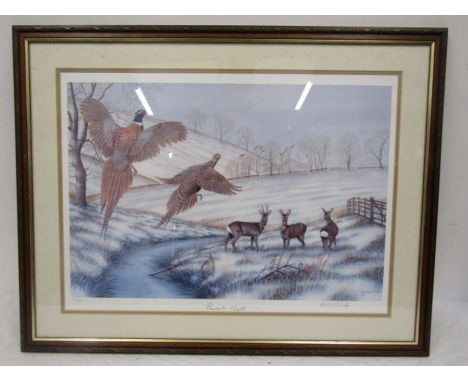 After Robert E Fuller limited edition 125/850 print of pheasants flying over group of deer. 77cm x 60c, with pencil signature
