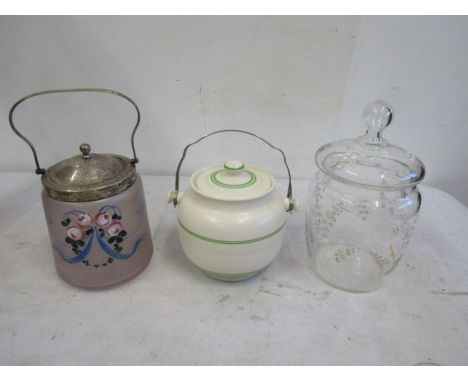3 vintage biscuit barrels, one glass with hand painted lily of the valley flowers, one pink glass with hand painted flowers&n