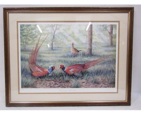 After Robert E Fuller limited edition 111/850 print of two pheasants fighting. 57cm x 74cm with pencil signature bottom right