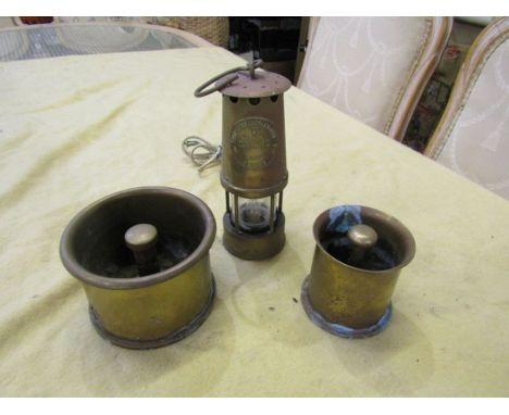 2 Trench Art ashtrays and electrified miners lamp (no plug)&nbsp;